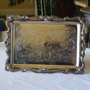 ONEIDA Silver-Plated Stamped Tray with Floral and Checkered Design, 14" x 9.5"
